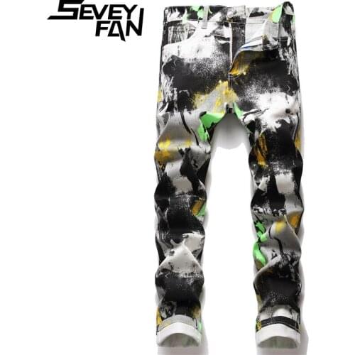 SEVEYFAN 2021 Mens Fashion Graffiti Painted Jeans Rappers Dancers Streetwear Denim Pants for Male