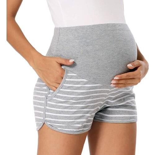 Womens Shorts Striped Loose Maternity Stretchy High Waist Shorts Pants Pregnancy Pocket Loose Hot Pants Summer Beach Shorts
