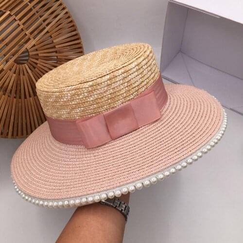 Pink color matching pearl straw straw hat ladies summer sweet fashion wild sunscreen holiday sunhat