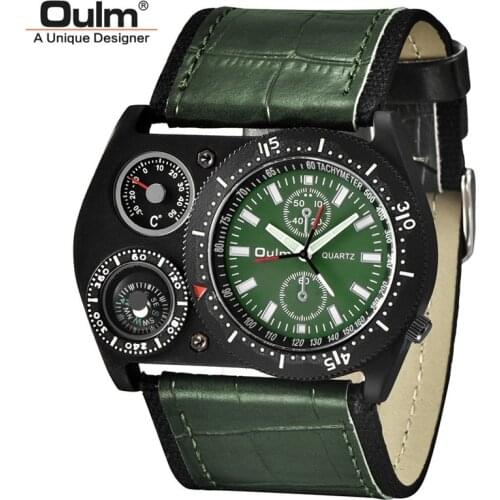 Oulm HP4094 Army Green Sport Mens Watches Wide Strap Casual Male Quartz Watch Decorative Compass Thermometer Men Wristwatch
