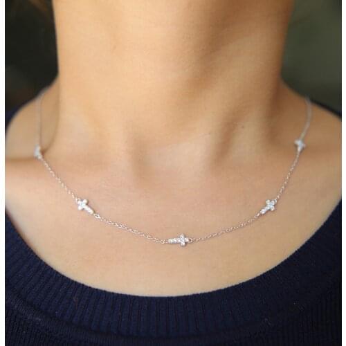 Good Luck cz cross link chain delicate minimal silver jewlery vermeil 925 sterling silver 18" sideway cz cross necklace for girl