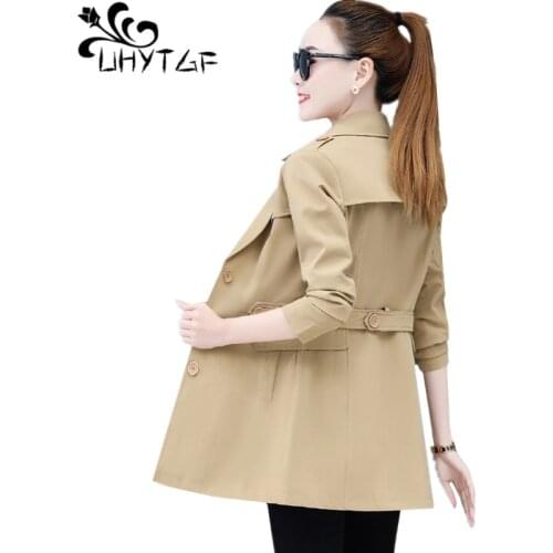 UHYTGF Fashion Womens Trench Coat Lapel Long-Sleeved Spring Autumn Windbreaker Female Casual Wild Slim Plus Size Outerwear 1397