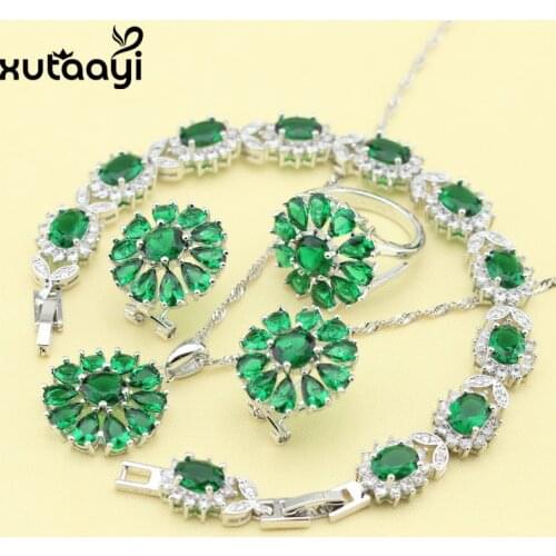 Green Imitated Emerald New Fashion Silver color Color Jewelry Sets Sublime Wedding Necklace Rings Earrings Bracelet For Women