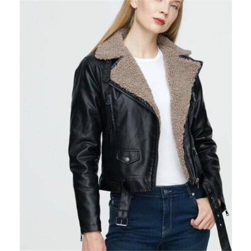 2019 Warm Winter Jacket Women Coat Imitation Lamb Lining High Quality Pu Motorcycle Leather Coat Women Jacket Leather Clothing