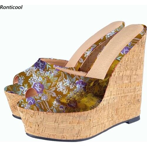 Ronticool Women Handmade Summer Mules Sandals Pretty Floral Wedges Heel Open Toe 7 Colors Party Wedding Shoes Women US Size 5-20