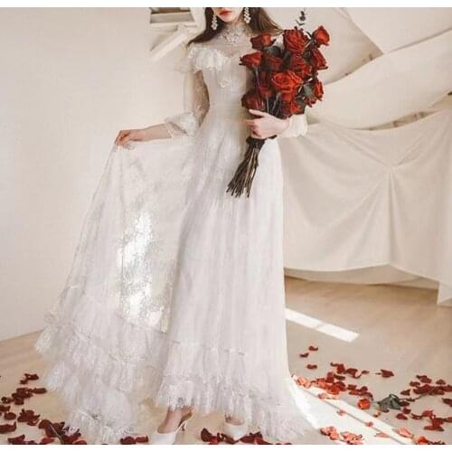 2021 New Designs Off White Victoria Long Sleeve High Neck Sweep Train A-Line Lace Wedding Dress Bride Gown Vestidos De Novia