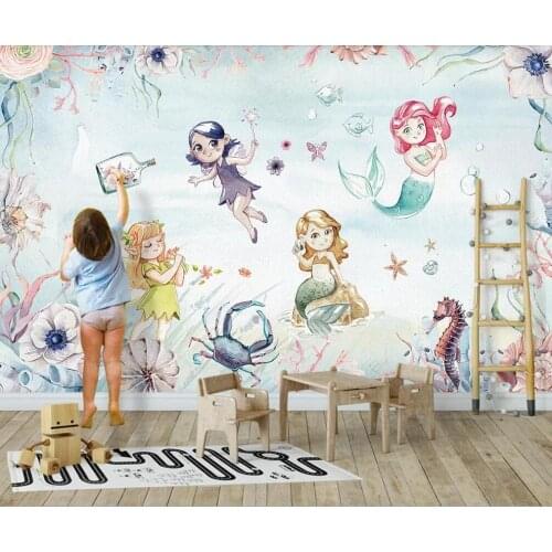 Customized large-scale 3D mural wallpaper sea world hand-painted cute fairy mermaid girl childrens room background wall