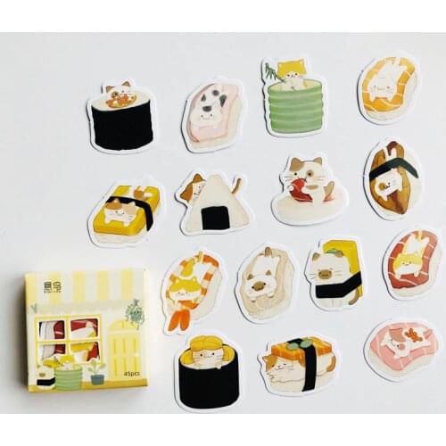 45 pcs /Pack Kawaii Cat Love Sushi Food Paper Decorative Stickers Stick Label