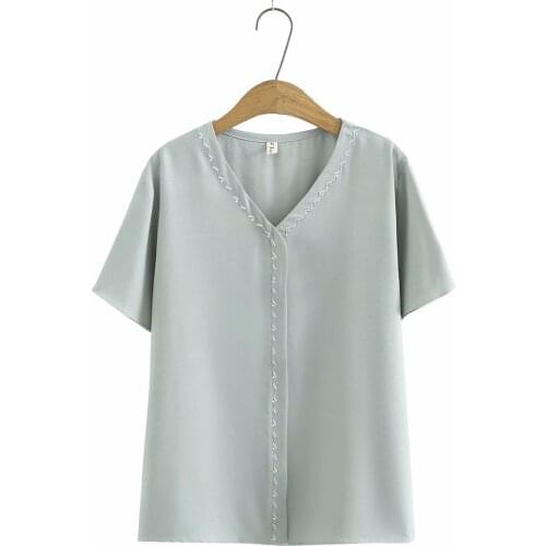 Plus size blouses tunics shirts 2021 fashion V-Neck short sleeve Embroidery chiffon summer Womens t-shirts pink white black