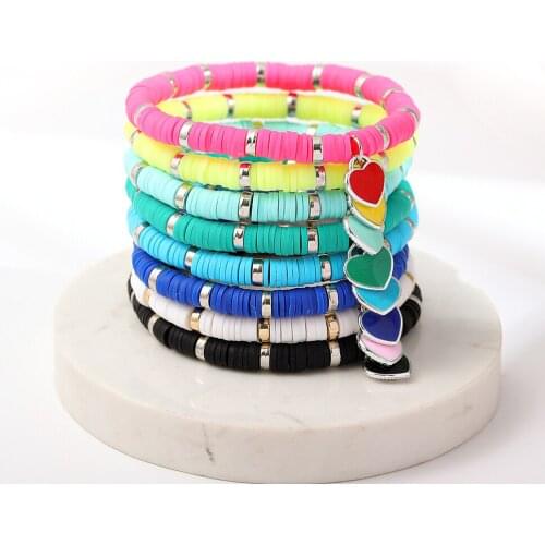 Boho Multicolor Polymer Clay Heart Bracelet Bangles Female Handmade Elastic Rope Adjustable Hand Bracelet Beach Party Jewelry