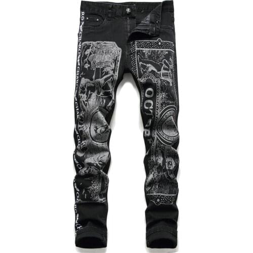 New mens male trousers Autumn winter print black jeans denim trousers Slim stripes Chinese style personalized floral pants