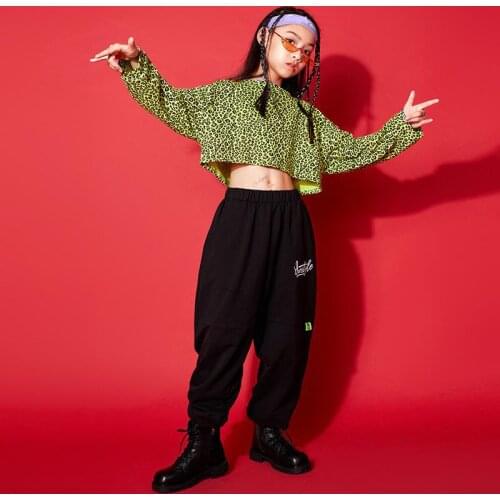 Children Cool Hip Hop Clothing Green Leopard Print Sweatshirt Crop Top Black Jogger Pants Girls Boys Jazz Dance Costume Clothes