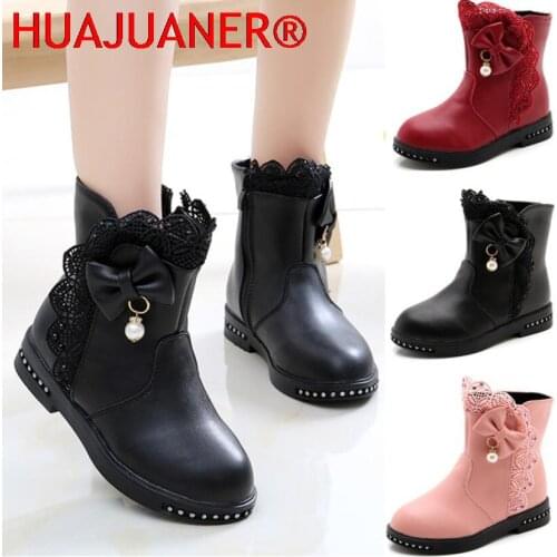 Children Winter Boots for Girls Rhinestone Bowtie Flower Fashion Plush Boots Princess Flats Dress Shoes Warm Girls Snow Boots