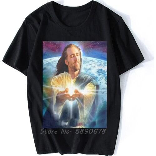 Jesus Cage T-Shirts Men Nicolas Cage Funny Meme Funny Cotton Tee Shirt Crew Neck Short Sleeve T Shirt Harajuku Tops