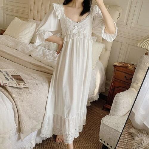 Hanxiuju Cotton Long Nightgowns For Ladies Princess White Embroidery Lace Loose Long Sleepwear Elegant Night Dress