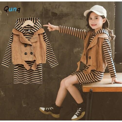 Qunq Girls Spring Set Hooded Striped Dress + Corduroy Vest Two Piece Kids Clothes for Girls Fashion Teens Children Clothing Suit