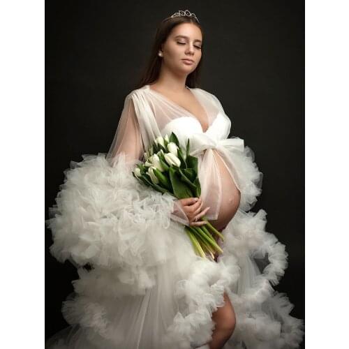 LO&LI Fashion Ruffles Tulle Kimono Women Dress Robe Extra Puffy Prom Party Dresses Puffy Sleeves African Cape Cloak Pregnant