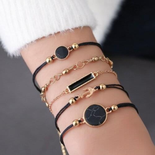 Fashion 5Pcs Black Square Bracelet for Women Round Cracked Gem Bangles Set Female Trendy Chain Bracelet Charm Rope Chain Jewelry