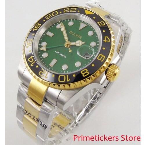 40mm bliger green dial luminous sapphire glass GMT date automatic mens watch black ceramic bezel