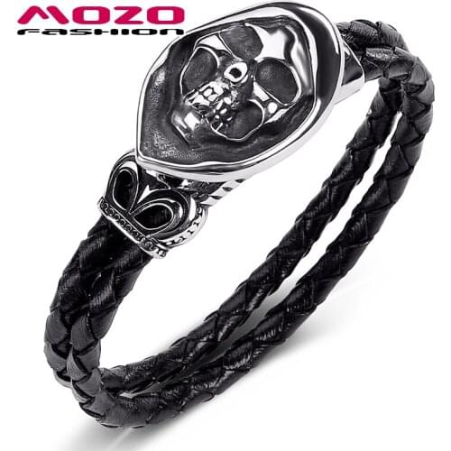 2020 Men Jewelry Black Genuine Leather Bracelet Stainless Steel Punk Demon Skull Charm Exaggeration Bangles