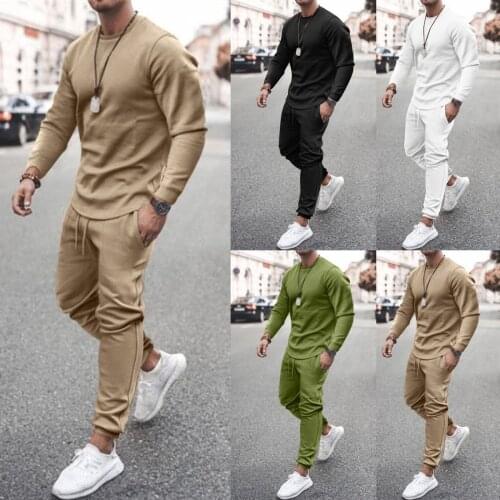 2021 Men’s Autumn 2-piece Long Pants Sets Solid O-neck Long Sleeve Shirts & Long Pants Sets Comfy Warm High Quality T-shirt Sets