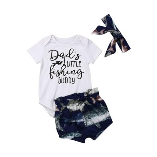 Girl Clothes Infant Baby Boy&Girl Clothes Letter Buddy Print Romper Tops Fish Shorts Pants Outfits 3PCS