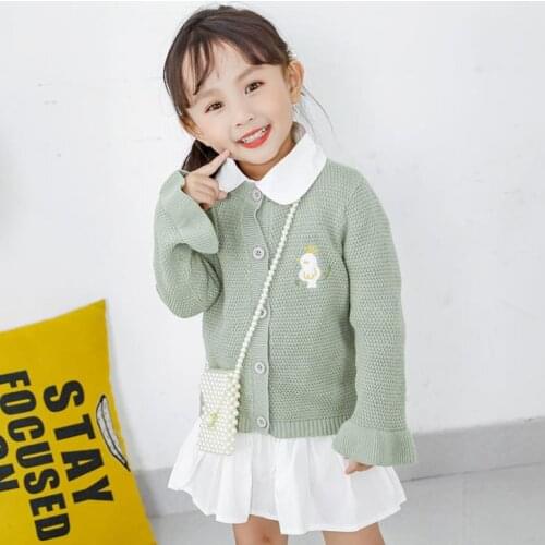 Fall Single Breasted Birds Embroidery Cardigan Girls Kids Light Green Sweater Long Sleeve Top High Quality Knitted Kids Clothes