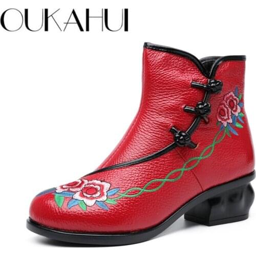 OUKAHUI Autumn Winter Fashion Genuine Cow Leather Embroidery Martin Boots Women Ankle Vintage Zipper Mid Heel Comfortable Boots