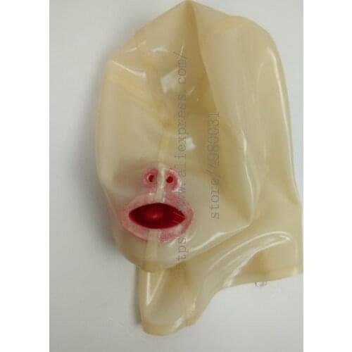 Attached mouthpiece and nose tube transparent adults' latex hood bdsm made of 0.4mm thickness natural latex materials