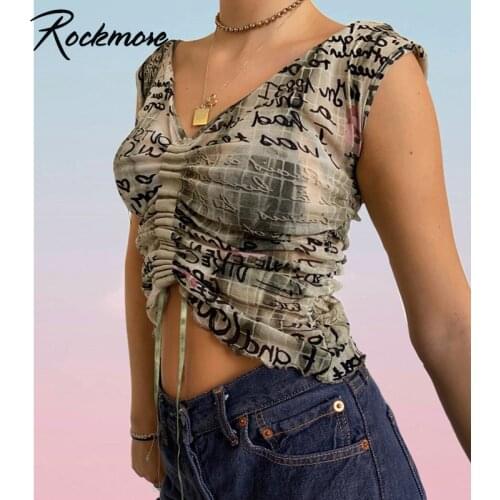 Rockmore Vintage Printed T Shirts y2k Shirring Short Sleeve Crop Top Women Harajuku Casual Slim Tee Summer Streetwear T-Shirt