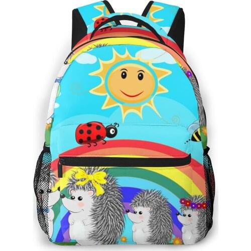 Backpack Casual Travel Bag Cute Hedgehogs And Ladybirds On Spring Rainbow sun School Bag Shoulder Bag For Teenage Girl Bagpack