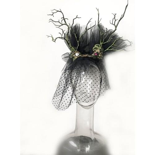 Retro Style Mesh Bridal Face Veil With Dots Headband Horns Tree Branch Headpiece Mesh Net Handmade Unique Gothic Party Accessory
