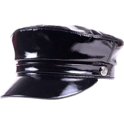 2020 Winter Unisex Real Patent Leather Black Berets Caps Men Women Belt Buckle Students Flat Navy Hats Korean Fashion Casquette