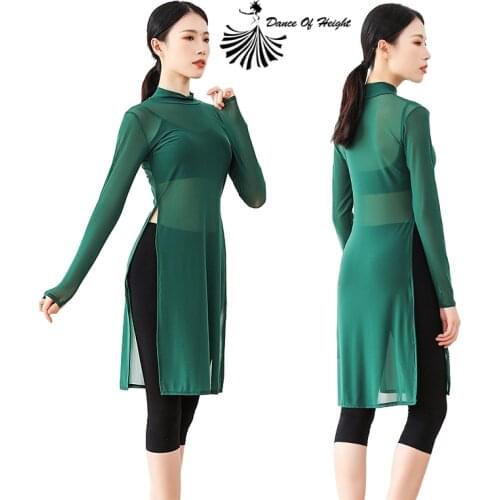 Womens Long Sleeve Sexy Sheer Mesh Top Round Neck Pure Fishnet Classical Dance Blouse Tunic Stretchy Yoga Practice Cover-up