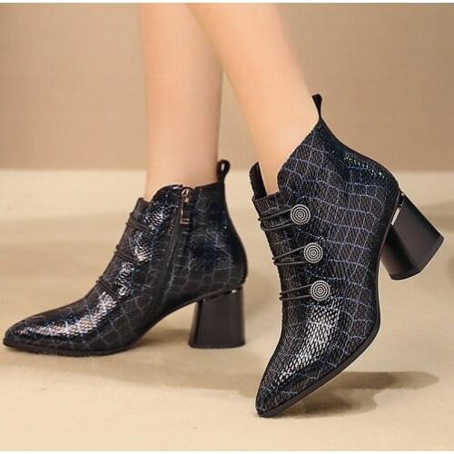 New Arrival Women Ankle Boots Autumn Winter Warm 6cm High Heels Shoes Woman Cross-tied Genuine Leather Punk Motorcycle Boots