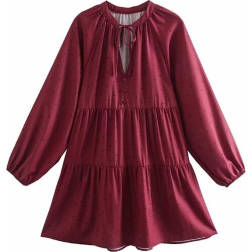 2021 new Woman Printing Mini Dress Lantern Sleeve Blouses Dress Lace-up neck Spliced Loose Smocks