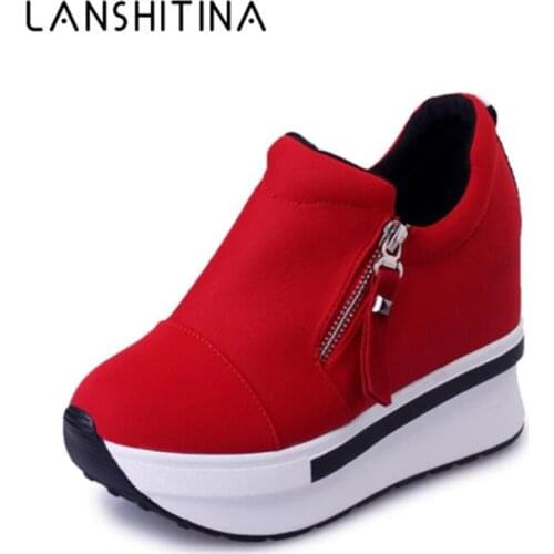 2020 New Women Wedge Platform Shoes 7.5CM High Heel Zipper Casual Red Breathable Height Increaseing Canvas Shoes Woman Sneakers