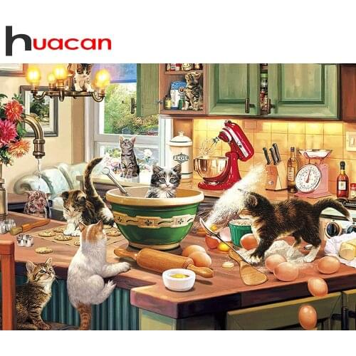 Huacan 5d DIY Diamond Painting Full Square/Round Cats Kitchen Cross-stitch Embroidery Sets Mosaic Food Animal Home Decor