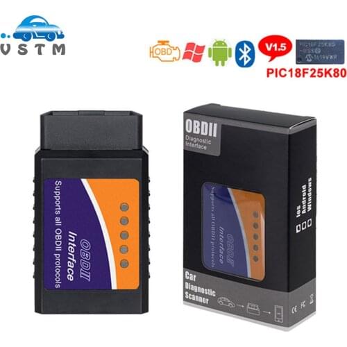 25K80 Elm327 Bluetooth OBD2 V1.5 Elm 327 V 1.5 OBD 2 Car Diagnostic-Tool Scanner Elm-327 OBDII Adapter Auto Diagnostic Tool