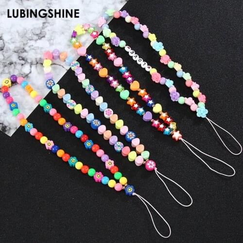 Acrylic Star Flower Letter Evil eye Beaded Anti-lost Phone Chain Rainbow Soft Ceramic Lanyard Mobile Rope Girls Phone Chain