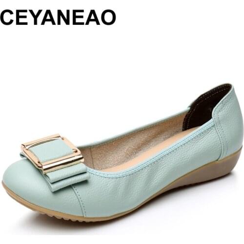 CEYANEAO New Summer Women cutouts Genuine Leather Shoes Comfortable Buckle Flats Nurse Casual Handmade ballet flatsC043