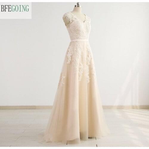 Champagne Tulle Appliques A-Line Wedding Dress Floor-Length Sweep / Brush Train V-Neck Real/Original Photos Custom Made