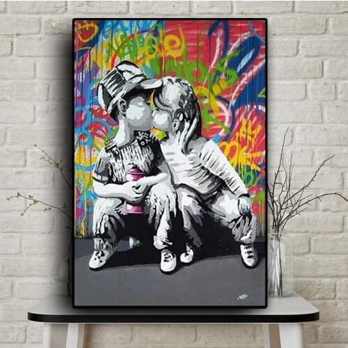 Graffiti Street Art Abstract Girl Kiss Boy Canvas Painting Poster and Prints Wall Art for Living Room Home Decor (No Frame)