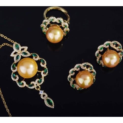 QTT Elegant Jewelry Set Green AAA CZ Pearl Earrings Necklace Ring 18k Gold Chain for Women Fine Jewelry Set