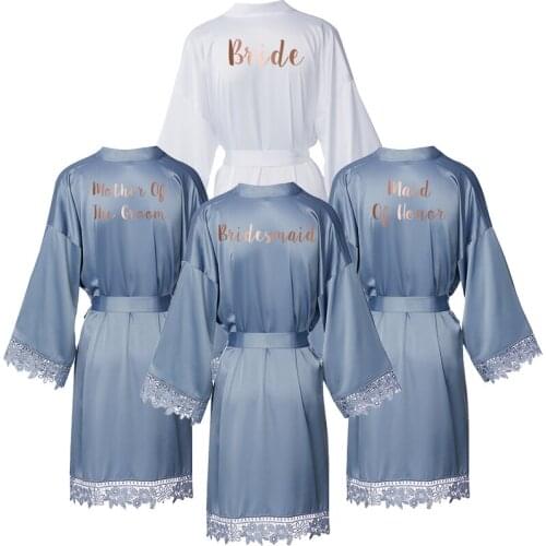 Matt Satin Lace Robe with Trim Gown Bridal Robe Wedding Bride Robes Bridesmaid Kimono Robe Bridal Robes Dusty Blue New