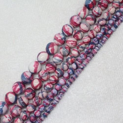 Mini. Order is $7! 4-12mm Red Blue Stripe Snow jades stones Jaspers Round DIY Jewelry Making Loose Beads 15"