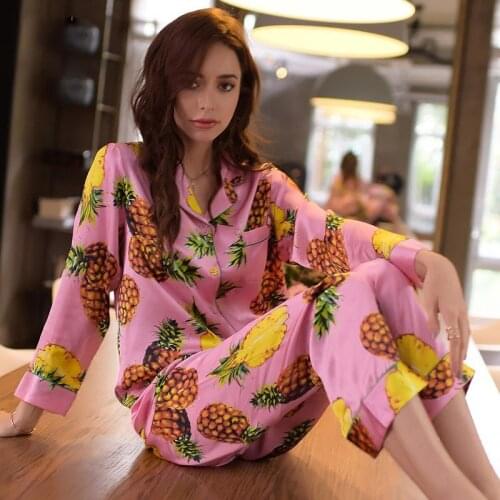 Brand Real Silk Pajamas Female Pink Pineapple Flower Sleepwear Women Pure SILK Long-Sleeved Pyjama Pants Two-Piece Sets T8007