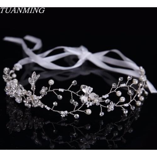 Handmade Birde Headband Wedding Hair Accessories Pearl Crystal Flower Silver Color Bride Headband Women Hair Jewelry