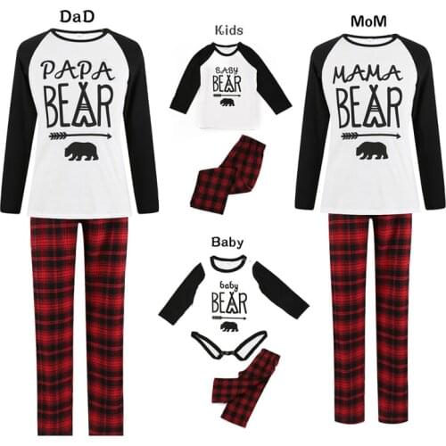 Christmas Pajamas Set Family Parent-child Bear Pattern Round Neck Long Sleeve Tops and Plaid Pants Xmas Outfits Sleepwear Sets
