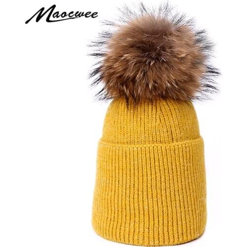 Thick Warm Winter Hats Women Outdoor Knitted Beanie Natural Raccoon Fur Pompom Hat For Ladies Gold Wire Crochet Slouch Bonnets
